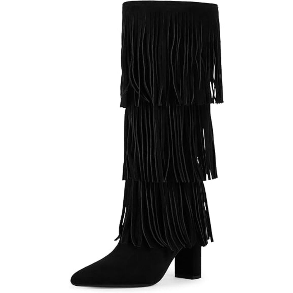 Women's Black Pointed Toe  Rubber Sole Side Zipper Chunky Heels Knee High Boots